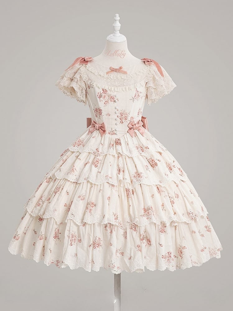 Classic Dresswith Elegant Floral PinkBeige Lolita Print Lace Tiered Bow Accents Ruffle