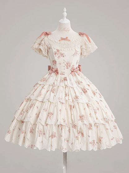 Classic Dresswith Elegant Floral PinkBeige Lolita Print Lace Tiered Bow Accents Ruffle
