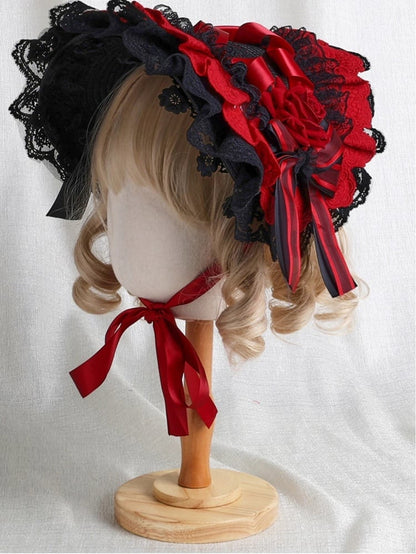 Red Black Lace Bonnet Ruffled