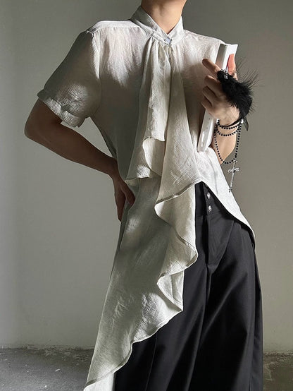 Cascading Prince Short Ruffle Light - Ouji Accents Asymmetrical Hem Shirt Sleeves Green