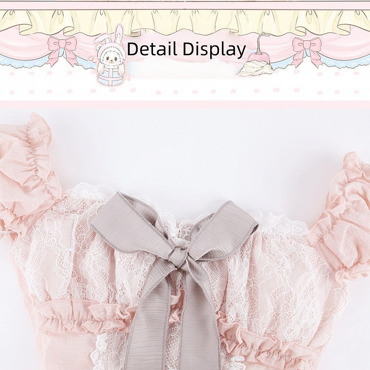 Pink Lace-Trim Puff-Sleeve Top with Sash Detail - serendipity