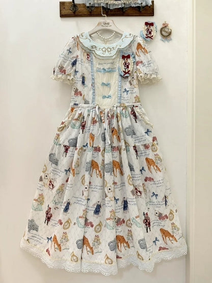 Azure Alice in Wonderland Print Round Neck Sweet Gown with Drawstring Waist - Forest Fairy Tales