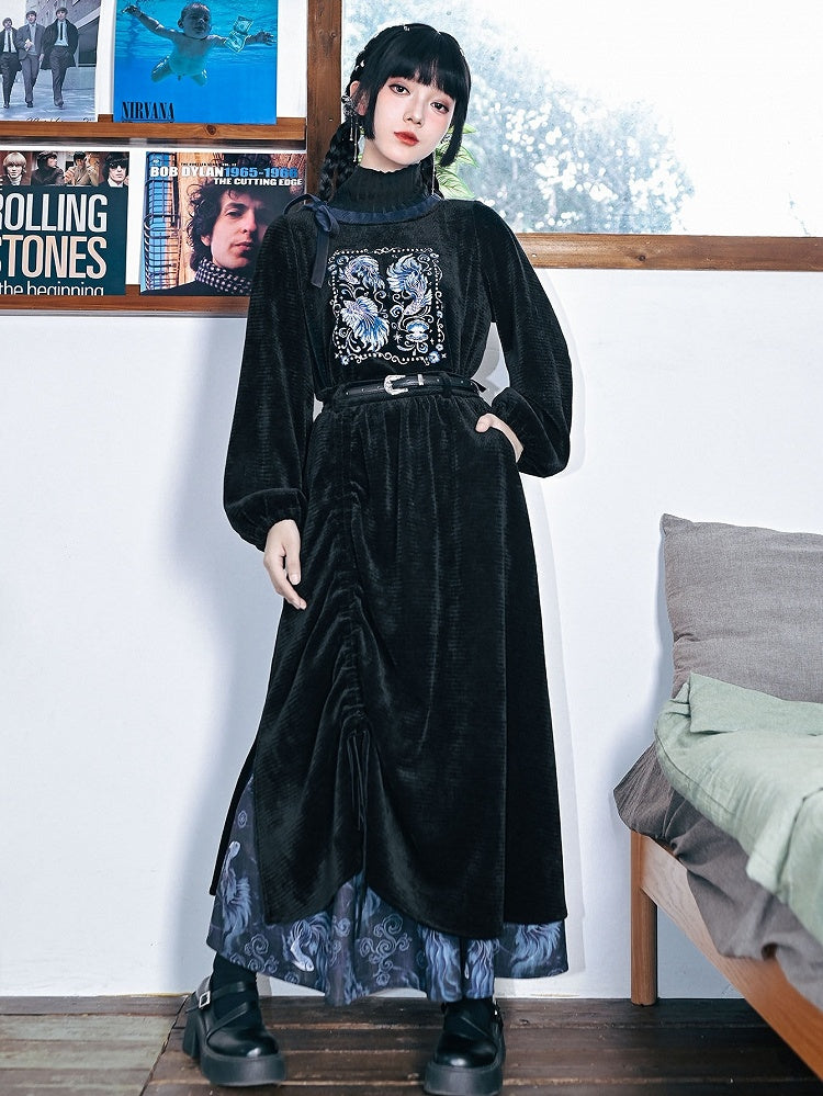Embroidery Mock Cheongsam - Neck Black Goth Sweatshirt with Goldfish
