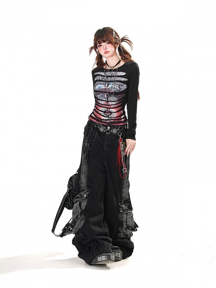 Black Faded Wash Cargo Pockets Loose Wide-Leg Jeans