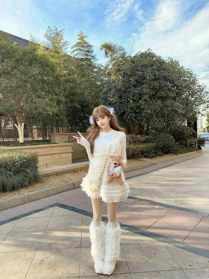 With Details Bow Elegant Fur White Faux Leg Warmers