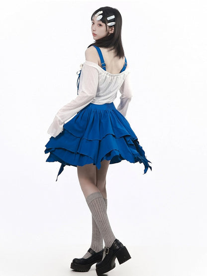 Blue Asymmetric Cami Dress with Ruffle & Bow - PINK SAVIOR