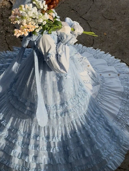 Elegant Dress Sleeves Long Lolita Button-Front with Blue Detail Ruffle Tiered