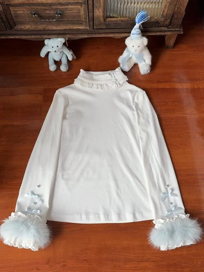 Blue Lace Trim Fur with Accents White Turtleneck Top