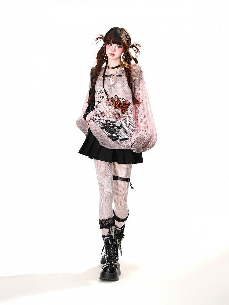 Top Kitty Print Pink/Apricot/Schwarz Distressed Löcher Sommer Sonnenschutz Aushöhlen