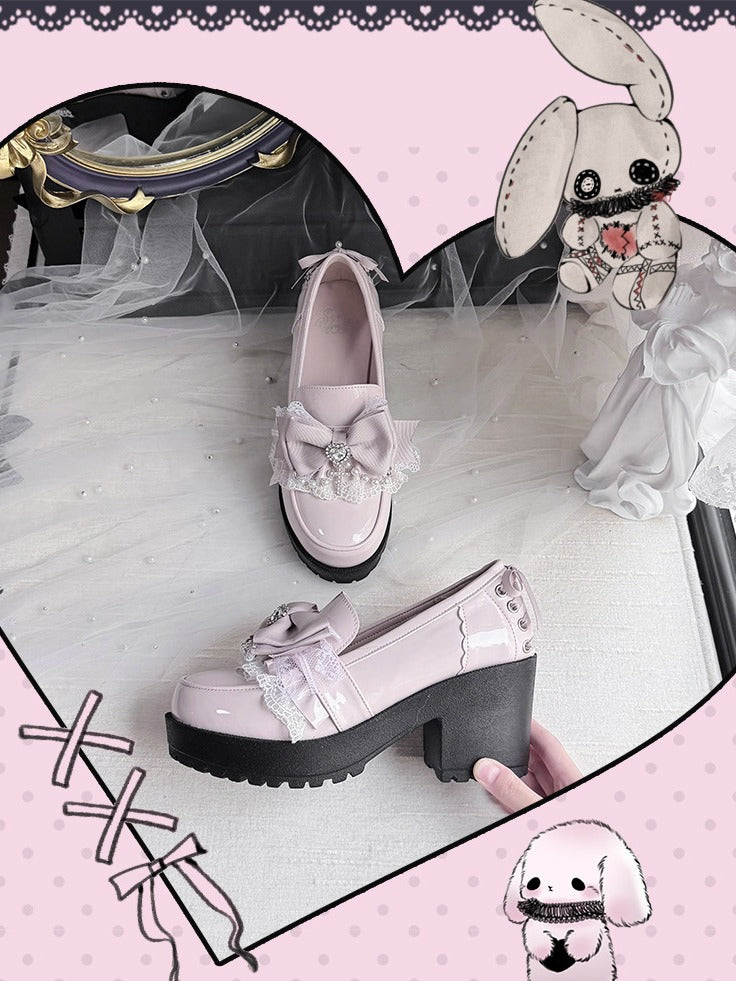 Pink Heart Bowknot 7CM Heel Shoes with Lace & Pearl Chain - Sarina