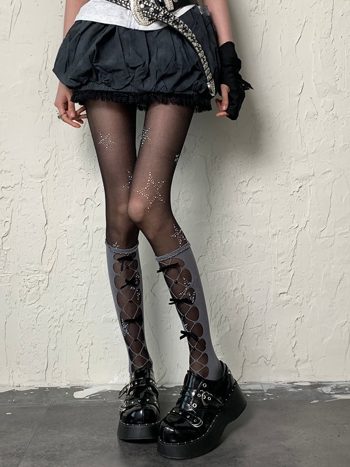 Y2K Underknee Gray Stockings Cut-out Design Details Bowknot
