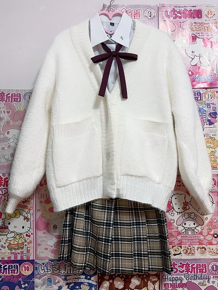 Pink and White Sweet Long-Sleeve Knit Cardigan