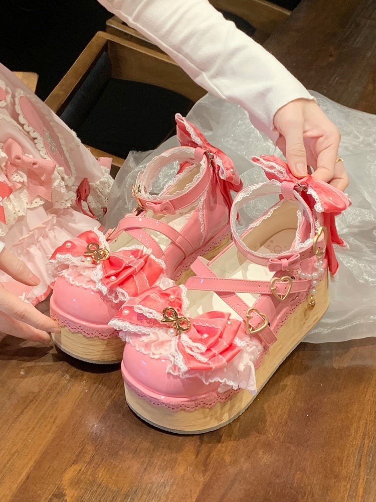 Dark Pink Removable Organza Bow Accents Hanayome Lolita Platform Shoes