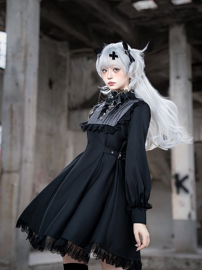 Schwarzes Ärmelkleid, lang, Lolita Kei-inspiriert, grau, Jirai und