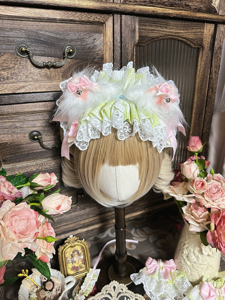 Green Fur Hairband Blue Kitty Ears / Faux Pink