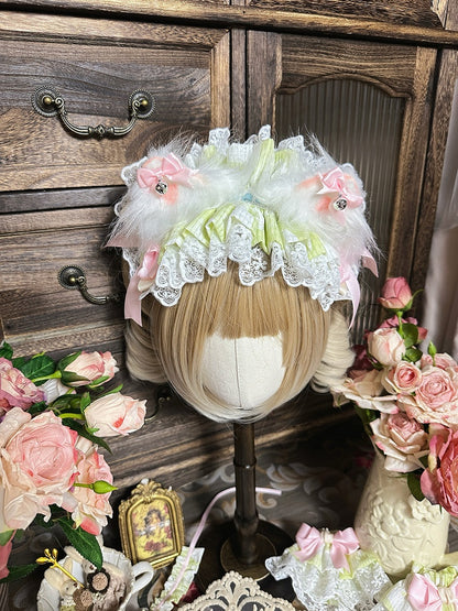 Green Fur Hairband Blue Kitty Ears / Faux Pink