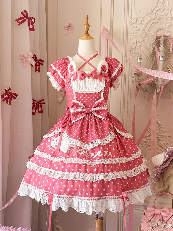 Ohren Quadrat Muster Kleid Bunny Polka Dots Lolita Ausschnitt Rosa Plüsch Süß Dunkel