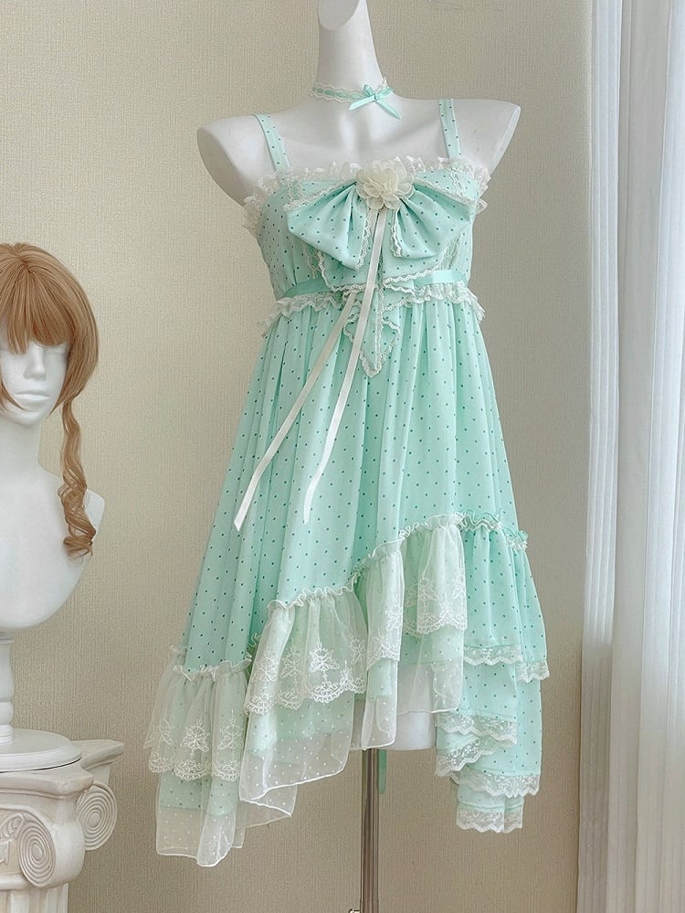 Polka Dot Bow Asymmetric Hem JSK Dress with Lace Choker - Tan Tuan