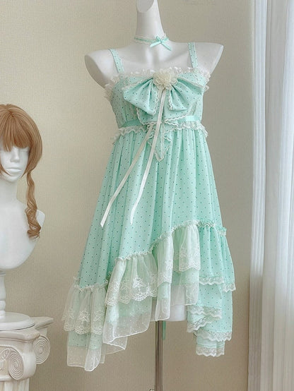 Polka Dot Bow Asymmetric Hem JSK Dress with Lace Choker - Tan Tuan