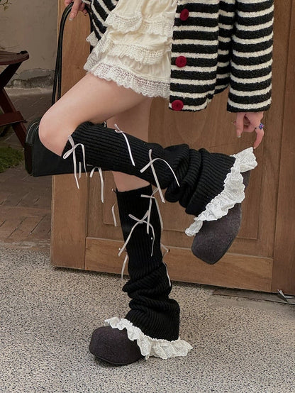 Ties Leg Bow Lace with Ribbed Warmers Trim