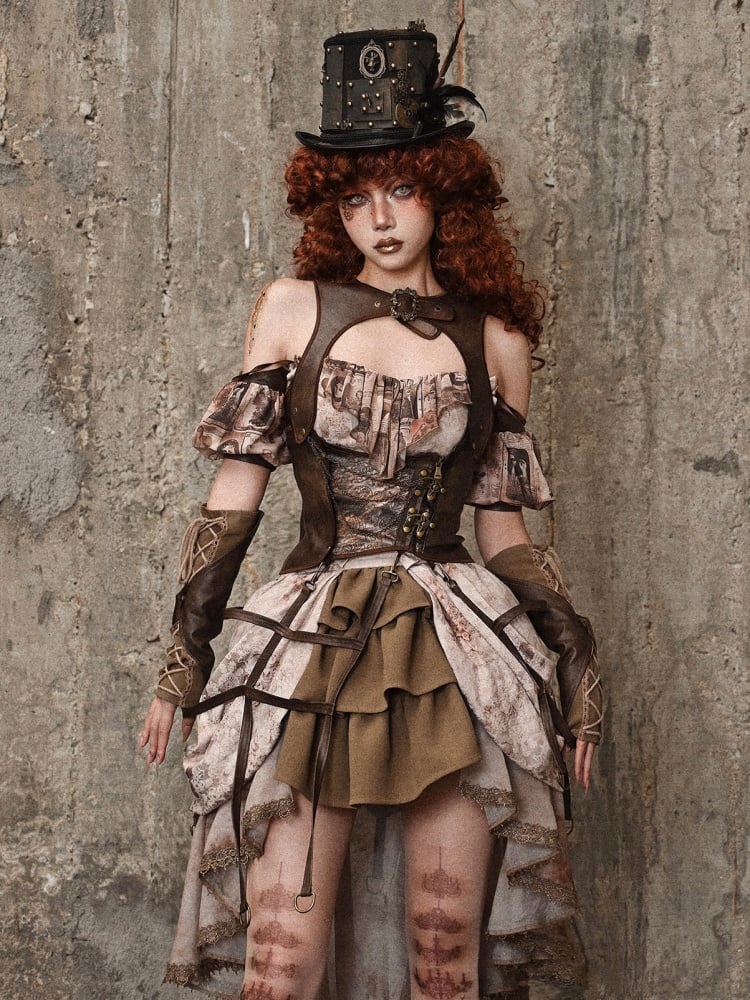 Braune Vintage Steampunk Weste aus Leder Birdcage