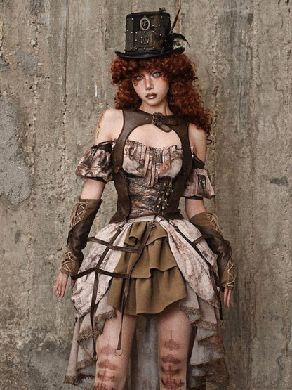 Braune Vintage Steampunk Weste aus Leder Birdcage