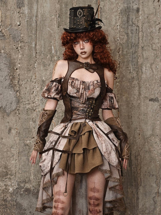 ブラウンレザーのヴィンテージ スチームパンク ベスト バードケージ