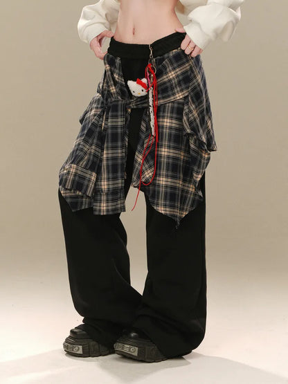 Schwarze karierte Hose mit weitem Bein und