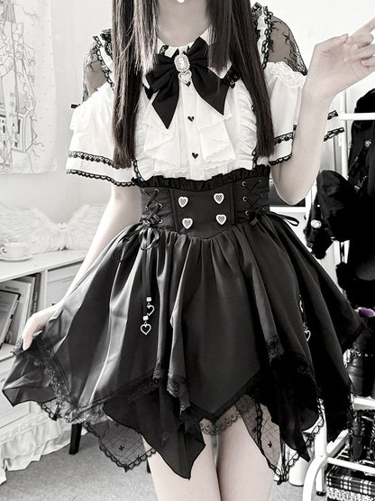 Monochrome Jirai Kei Lace Cutout Shoulder Batwing Sleeve Blouse with Bow Tie - Dream Core Waves