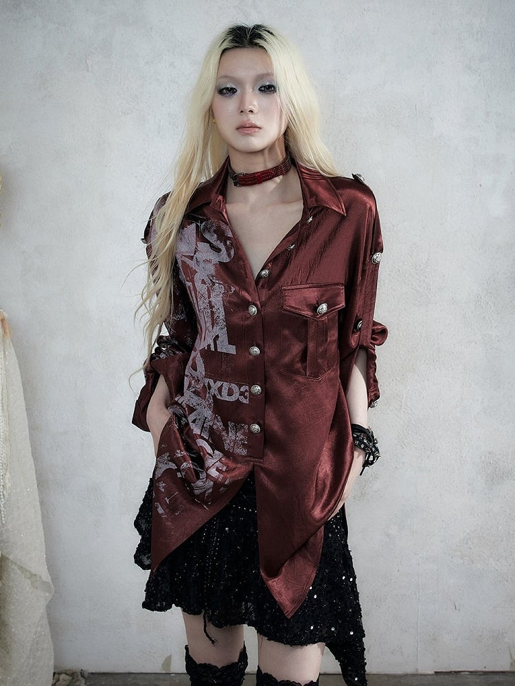 Loose-Fit Long Sleeve Tee with Wine Red Distressed Graffiti Punk Motif - NO ROMANCE