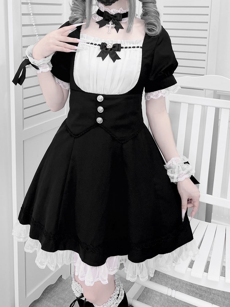 Puff-Design, weiße Ärmel, voller Jirai-Besatz, schwarzes Korsett, Kei-Kleid, Spitzengürtel-Set und