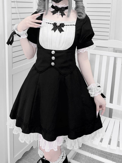 Puff-Design, weiße Ärmel, voller Jirai-Besatz, schwarzes Korsett, Kei-Kleid, Spitzengürtel-Set und