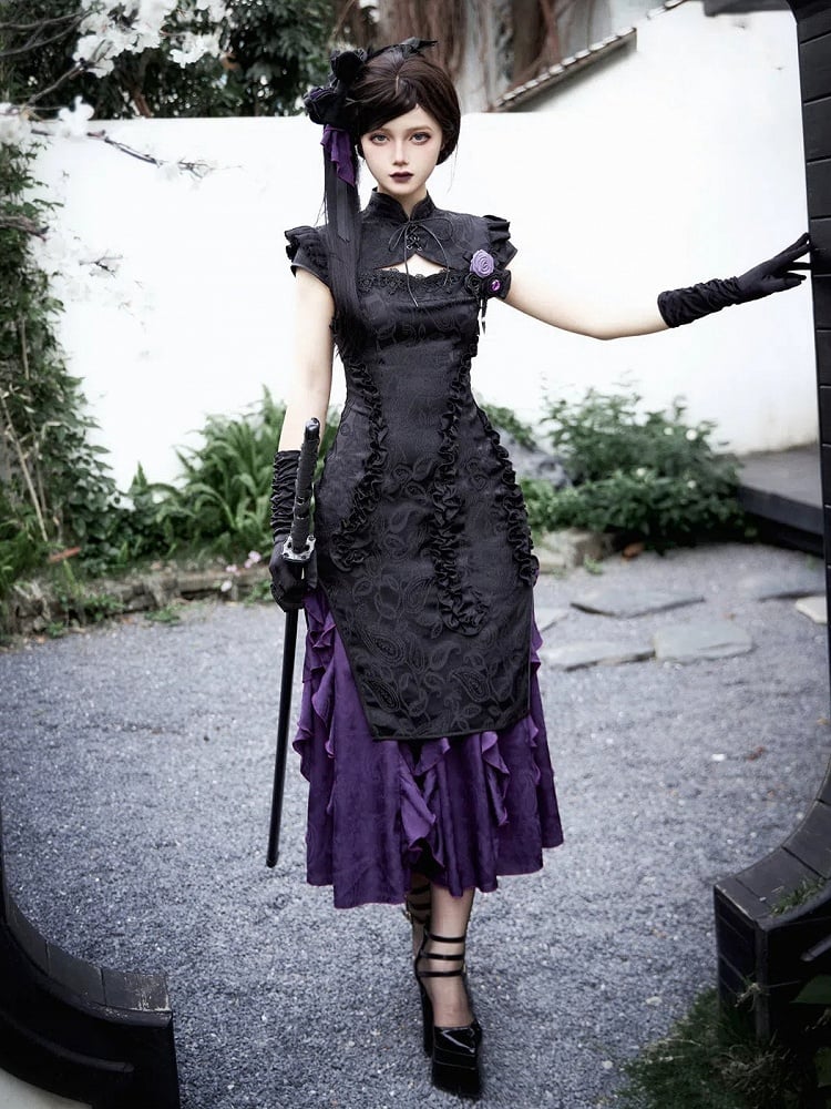Kaskadierende schwarze Vibes Qipao-Besatz Jacquard Lila Lolita-Kleid Qi Saum Cthulhu Rüschen