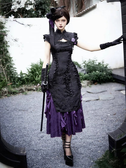 Kaskadierende schwarze Vibes Qipao-Besatz Jacquard Lila Lolita-Kleid Qi Saum Cthulhu Rüschen
