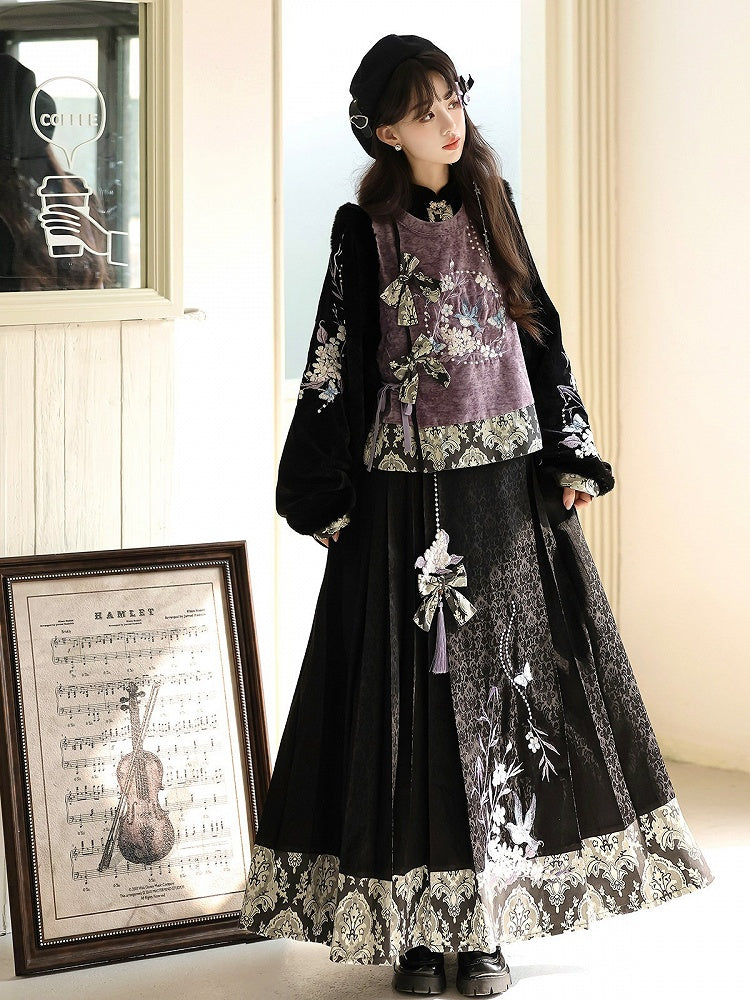 Oriental Embroidered Floral Blouse in Black & Purple with Fuzzy Trim Vest and Pleated Skirt - Han Ru Chu Hanfu &amp; Han-Element Studi