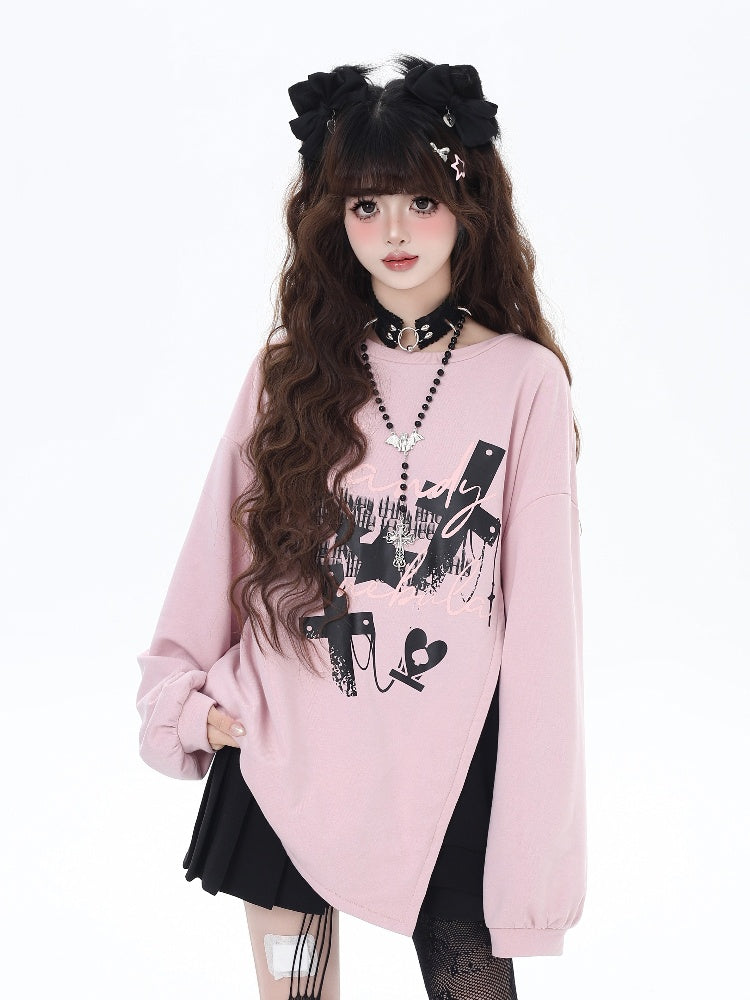 Rosa/schwarzes Sweatshirt mit seitlichem Kreuzschlitz und großer Schleife auf der Rückseite