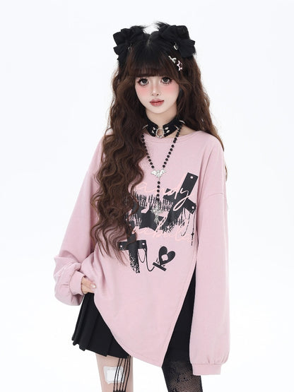 Rosa/schwarzes Sweatshirt mit seitlichem Kreuzschlitz und großer Schleife auf der Rückseite