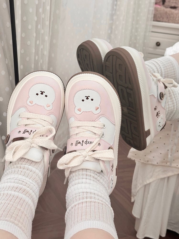 Lace-up Lolita Design with in Print Pink Paw Closure Platform Velcro Sweet Removable Sneakers