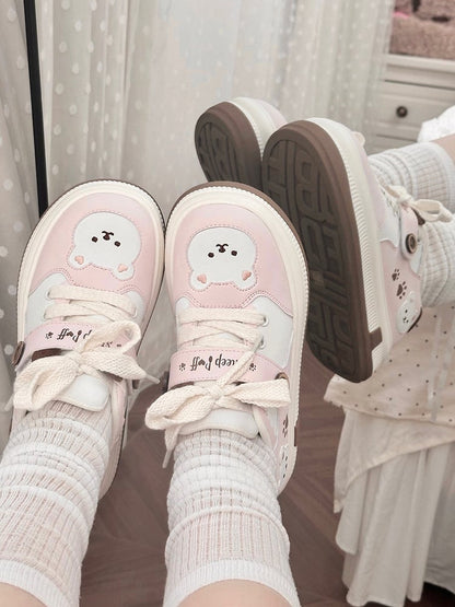 Lace-up Lolita Design with in Print Pink Paw Closure Platform Velcro Sweet Removable Sneakers