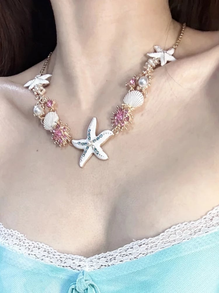 Seestern Verzierte Optionen Strass Bittersüße Muschel 4 und Armband/Halskette Y2K