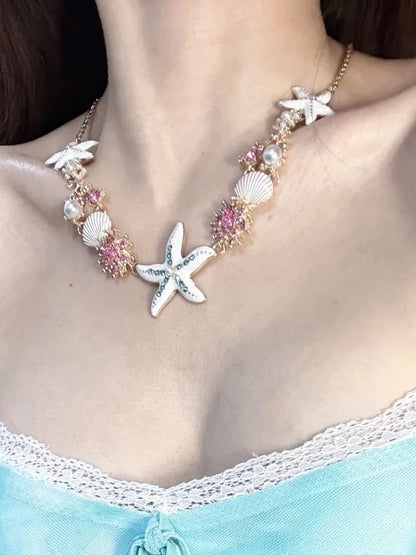4 Muschel Y2K Seestern Armband/Halskette Bittersüße Optionen Strass verziert und