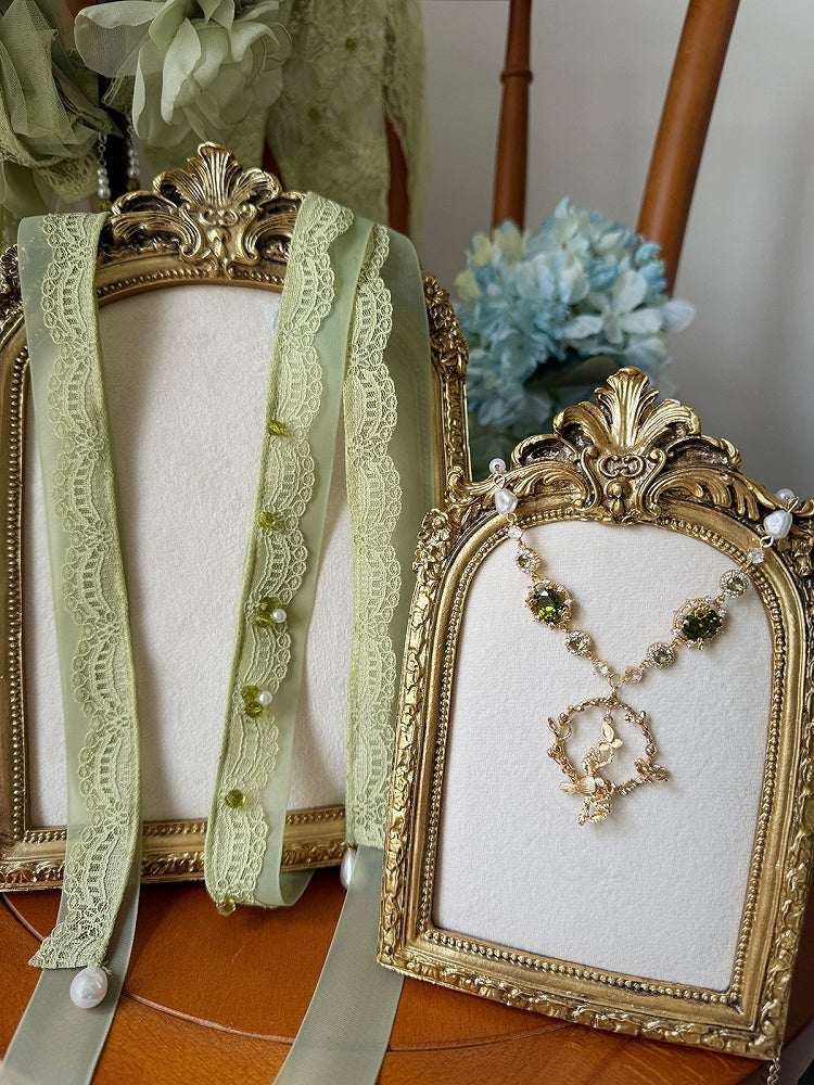 Green Self-Tie Choker with Beaded Necklace - Nine Odes
