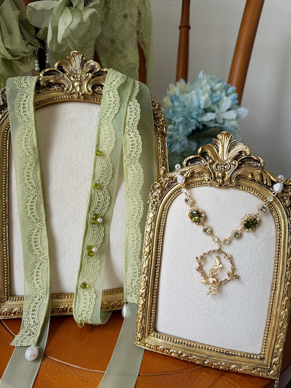 Green Self-Tie Choker with Beaded Necklace - Nine Odes