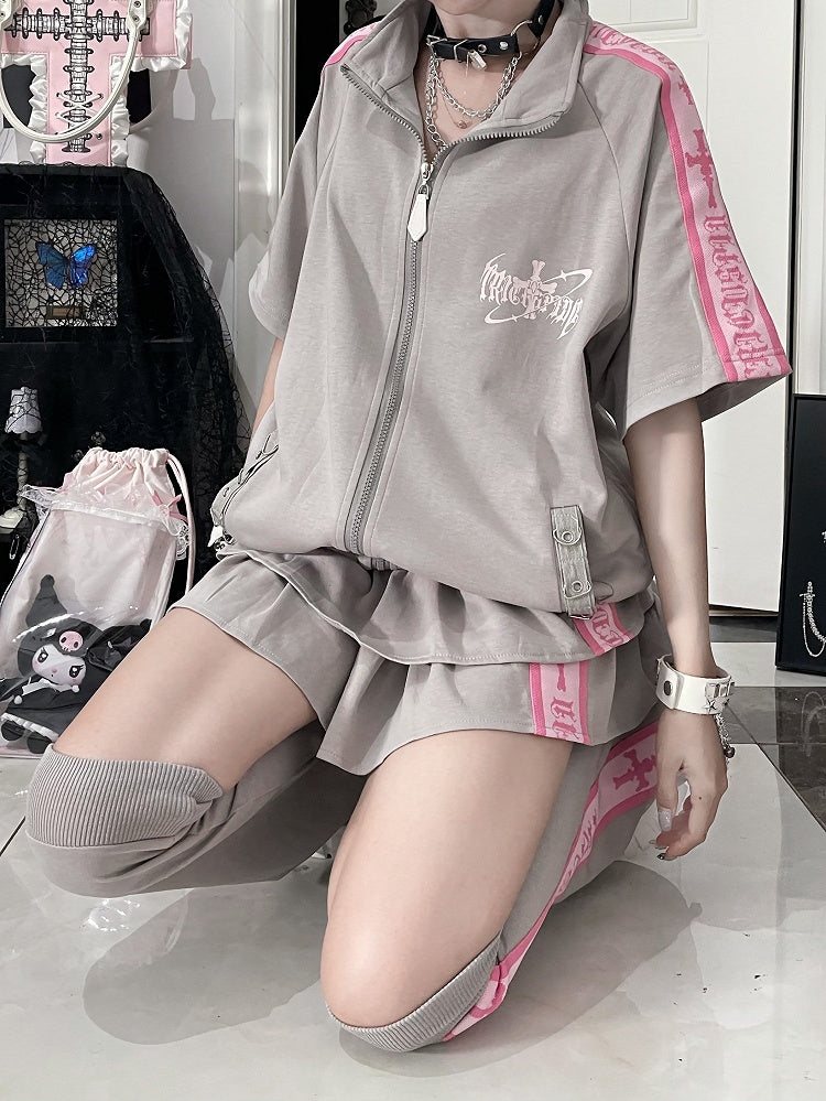 Cross Gray Jacket Stripes Sleeve Print Punk Zip-Up Pink with Short White Text