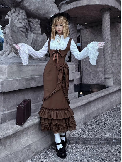 White & Brown Bell Sleeve Lolita Blouse with Bow Ruffle Mermaid Skirt Set - The First Witch
