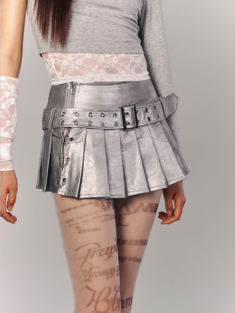 Silver Skirt Mini Pleated Studded PU Metal Rings with Lettering