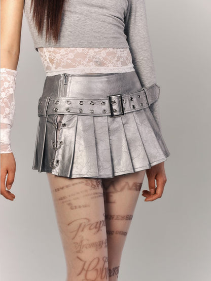 Silver Skirt Mini Pleated Studded PU Metal Rings with Lettering