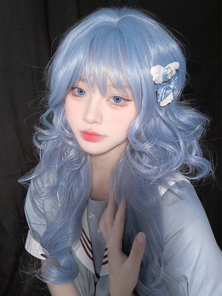 エアウィッグ付き 70cm 長さ 前髪 ウェーブ ブルー