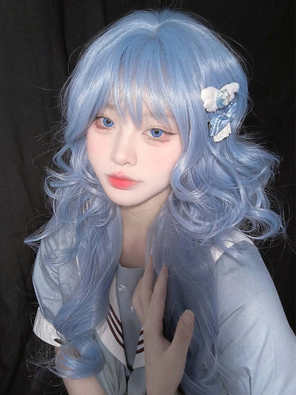 エアウィッグ付き 70cm 長さ 前髪 ウェーブ ブルー