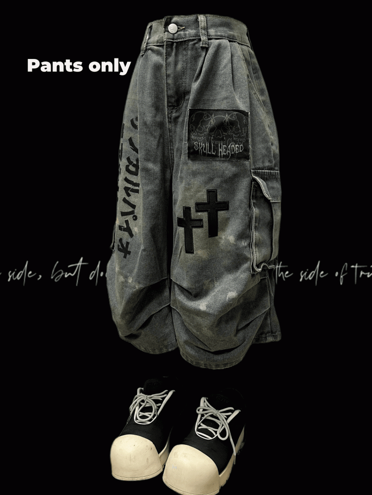 Light Wide-leg Appliques Cross Punk Blue Distressed Wasteland Jeans Cargo